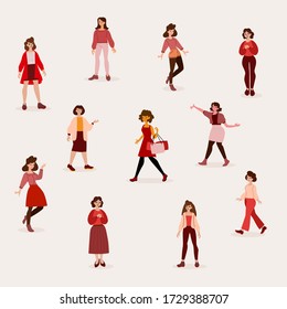 Vector creative illustration of many happy woman on color background. Communication of group of different women. Group of female cartoon character. Flat style design for web banner, poster, card