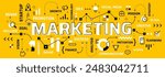 Vector creative illustration of marketing word typography with word cloud on yellow background. Marketing infographic concept with line icon. Line art style design for digital banner, poster, print