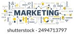 Vector creative illustration of marketing word typography with line icon, word cloud on white background. Line art style design. Marketing infographic concept for digital banner, poster, print