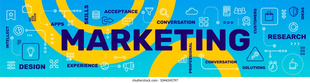 Vector creative illustration of marketing word typography with line icon, tag cloud on blue background. Marketing  technology concept. Thin line art style design for business social media web banner