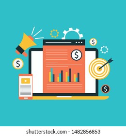 Vector creative illustration of marketing word lettering typography with line icons, tag cloud on green background. Marketing technology concept. Thin line art style design for promotion, social media