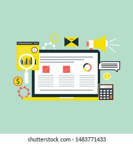 Vector creative illustration of marketing word lettering typography with line icons, tag cloud on green background. Marketing technology concept. Thin line art style design for promotion, social media