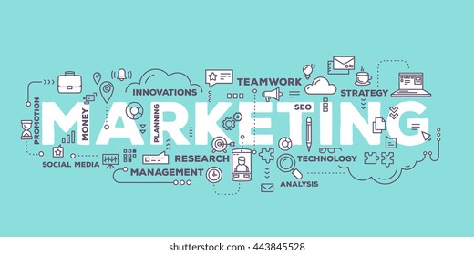 Vector creative illustration of marketing word lettering typography with line icons, tag cloud on green background. Marketing technology concept. Thin line art style design for promotion, social media - Shutterstock ID 443845528