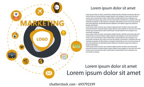 Vector creative illustration of marketing word lettering typography with icons, tag cloud on green background. Marketing technology concept. Thin line art style design for promotion, social media