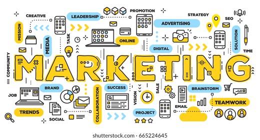 Vector creative illustration of marketing yellow word lettering typography with line icons and tag cloud on white background. Marketing  technology concept. Thin line art style design for media banner