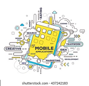 Vector creative illustration of mobile application with phone, tag cloud on white background. Mobile application development concept. Hand draw thin line art style design of phone for app development