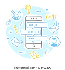 Vector creative illustration of mobile messenger. Messenger mobile technology concept. Hand draw thin line art style design. Online communication. Messages. Avatars. Chat. Hand drawn and sketch style.