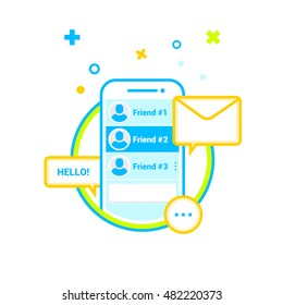 Vector creative illustration of mobile messenger. Flat line art style design. Online communication.