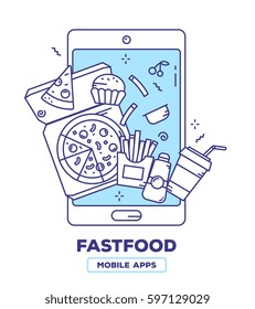 Vector creative illustration of mobile phone with pizza, french fries, drink, muffin on white background. Food delivery application concept with heading. Thin line flat design of fastfood mobile app