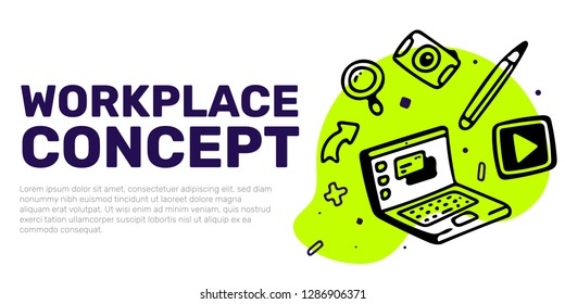 Vector creative illustration of mobile workplace with laptop, camera, magnifier and text space on white background. Line art style template design for web, site, banner, presentation