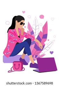 Vector creative illustration of modern young pretty woman  sitting on the floor with a laptop on floral tropical background. Web developer. Creative art designer