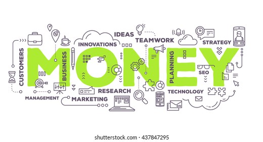 Vector creative illustration of money word lettering typography with line icons and tag cloud on white background. Payment technology concept. Thin line art style design for payment technology theme