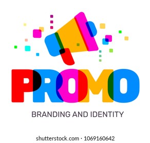 Vector creative illustration of multicolor promo business word lettering typography on white background. Promo text with megaphone icon colored rainbow technology concept. Flat style design