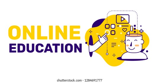 Vector creative illustration of online education and open head of man, icon on yellow background with text. Line art style design for web, site, banner, presentation