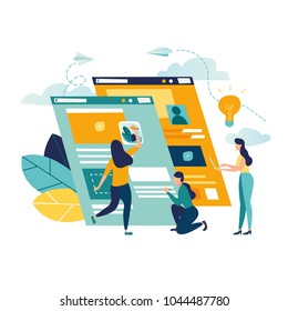 vector creative illustration, online news, social networks, virtual communication, information retrieval, company news, site construction 