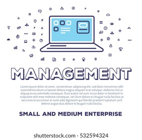 Vector creative illustration of open laptop with word typography and cloud of line icons on white background. Time management template. Thin line art style concept design for business