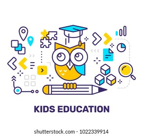 Vektorgrafik von Eule mit Bleistift, Graduierenkappe und Symbolen. Kindererziehungskonzept auf weißem Hintergrund mit Titel. Line Art flaches Design für Web, Website, Banner, Präsentation
