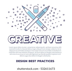 Vector creative illustration of pen and pencil with word typography and cloud of line icons on white background. Creative idea template. Thin line art style concept design for web, site, print