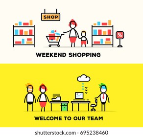 Vector creative illustration of people. Family shopping at the weekend. Employee relations in the office. Job interview concept. Line art style design for web, site, banner