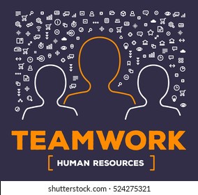 Vector creative illustration of people team with set of line icons and word typography on dark background. Human resources concept. Thin line art style design for business teamwork theme