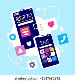 Vector creative illustration of phone gadget with app icon and power cord on blue background. Flat style concept design of phone for web, site, banner, poster