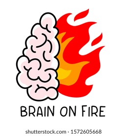 Vector creative illustration of pink human brain with red flame of fire on white background with text. Line art style design of burning brain for web, site, banner, poster