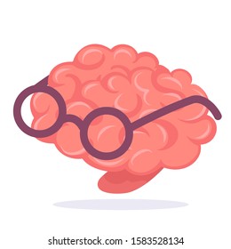Vector creative illustration of pink human brain with glasses on light background. Flat style concept design of geek brain education for web, site, banner, poster