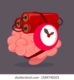 Vector creative illustration of pink human brain with dynamite with a clockwork on dark background. Flat style concept design of brain education for web, site, banner, poster