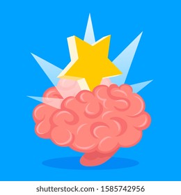 Vector creative illustration of pink human brain with big yellow star on blue background. Flat style concept design of brain for web, site, banner, poster