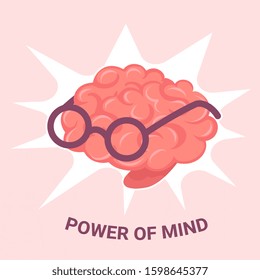 Vector creative illustration of pink human brain with glasses and big bang on light background. Flat style concept design of brain education for web, site, banner, poster
