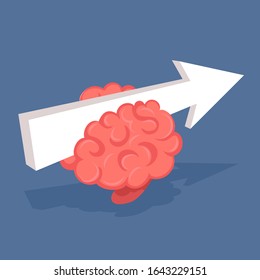 Vector creative illustration of pink human brain with big arrow on dark background with shadow. Concept design of brain education for web, site, banner, poster