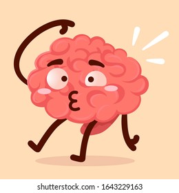 Vector creative illustration of pink human confused brain character with hand and leg on yellow background. Flat style concept design of emotion brain education for web, site, banner, poster