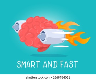 Vector creative illustration of pink human brain character flying on high speed jet turbine on green background with text. Flat style education concept design of speed of thinking of smart brain