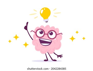 Vector Creative Illustration of Pink Human Brain Character in Glasses with Light Bulb on White Background. Flat Doodle Style Knowledge Concept Design of Happy Brain and Idea for Web, Banner, Poster