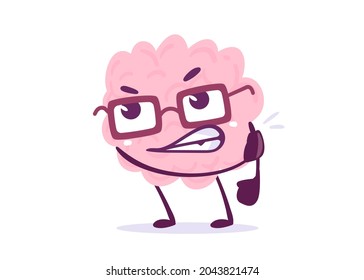 Vector Creative Illustration of Pink Human Brain Character is Angry on White Background. Flat Style Knowledge Concept Design of Brain in Glasses for Web, Site, Banner, Poster