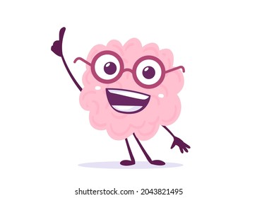 Vector Creative Illustration of Pink Human Brain Character in Glasses with Finger Point Up on White Background. Flat Doodle Style Knowledge Concept Design of Happy Brain for Web, Site, Banner, Poster