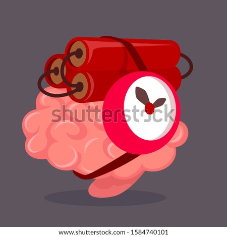 Vector creative illustration of pink human brain with dynamite with a clockwork on dark background. Flat style concept design of brain education for web, site, banner, poster