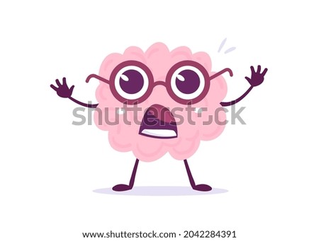 Vector Creative Illustration of Pink Human Brain Character in Glasses with Big Eyes on White Background. Flat Style Education Concept Design of Brain for Web, Site, Banner, Poster