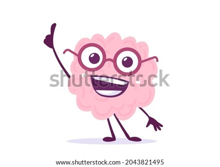 Vector Creative Illustration of Pink Human Brain Character in Glasses with Finger Point Up on White Background. Flat Doodle Style Knowledge Concept Design of Happy Brain for Web, Site, Banner, Poster