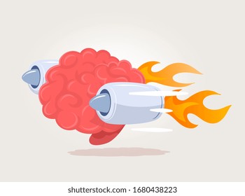 Vector creative illustration of pink smart human brain flying on high speed jet turbine on light background. Flat style education concept design of speed of thinking of brain character for web, banner