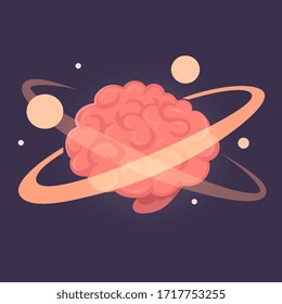 Vector creative illustration of pink smart human thinking brain with ring and atom on dark background. Flat style education concept design of brain for web, site, banner, poster