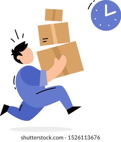 Vector creative illustration of running delivery man in blue color uniform carrying box on white background. Flat style design for web, site, banner, poster, advertising