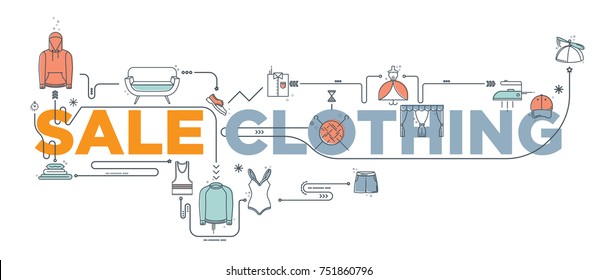 Vector creative illustration of Sale clothing words lettering typography with line icons on white background. Branding technology concept for clothing store, header banner, flyer, brochure.