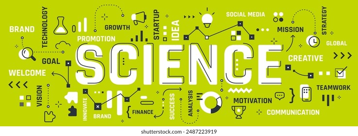 Vector creative illustration of science word typography with line icon, word cloud on green color background. Line art style design of science business infographic concept for digital banner, poster