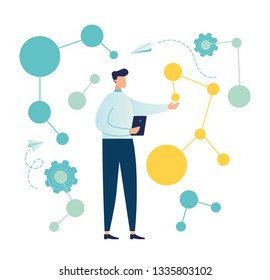 Vector creative illustration. the scientist conducts laboratory studies and studies the statistical data of the results. compound malekul and atoms. modern technology machine learning, artificial inte