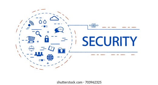 Vector creative illustration of security word, tag cloud on white background. Security technology concept. Thin line art style design for security.