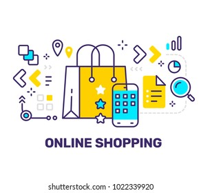 Vector creative illustration of shopping bag, phone and icons. Online shopping concept on white background with title. Line art flat style design for web, site, banner, business presentation