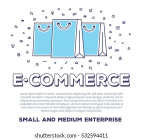 Vector creative illustration of shopping bags with word typography and cloud of line icons on white background. E-commerce template. Thin line art style concept design for web, site, print