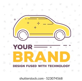 Vector Creative Illustration Of Side View Car With Pattern Of Line Icons And Word Typography On White Background. Car Brand Service, Maintenance Concept. Flat Thin Line Art Style Design For Car Brand