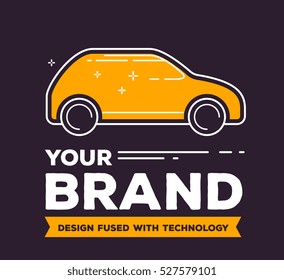 Vector creative illustration of side view yellow car with header on dark background. Car brand service and maintenance concept. Flat thin line art style design for car repair, wash, parking